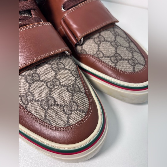 GUCCI Monogram Canvas Web GG Brown Leather High Top Men’s Sneaker Strap Size 12 - Picture 10 of 17